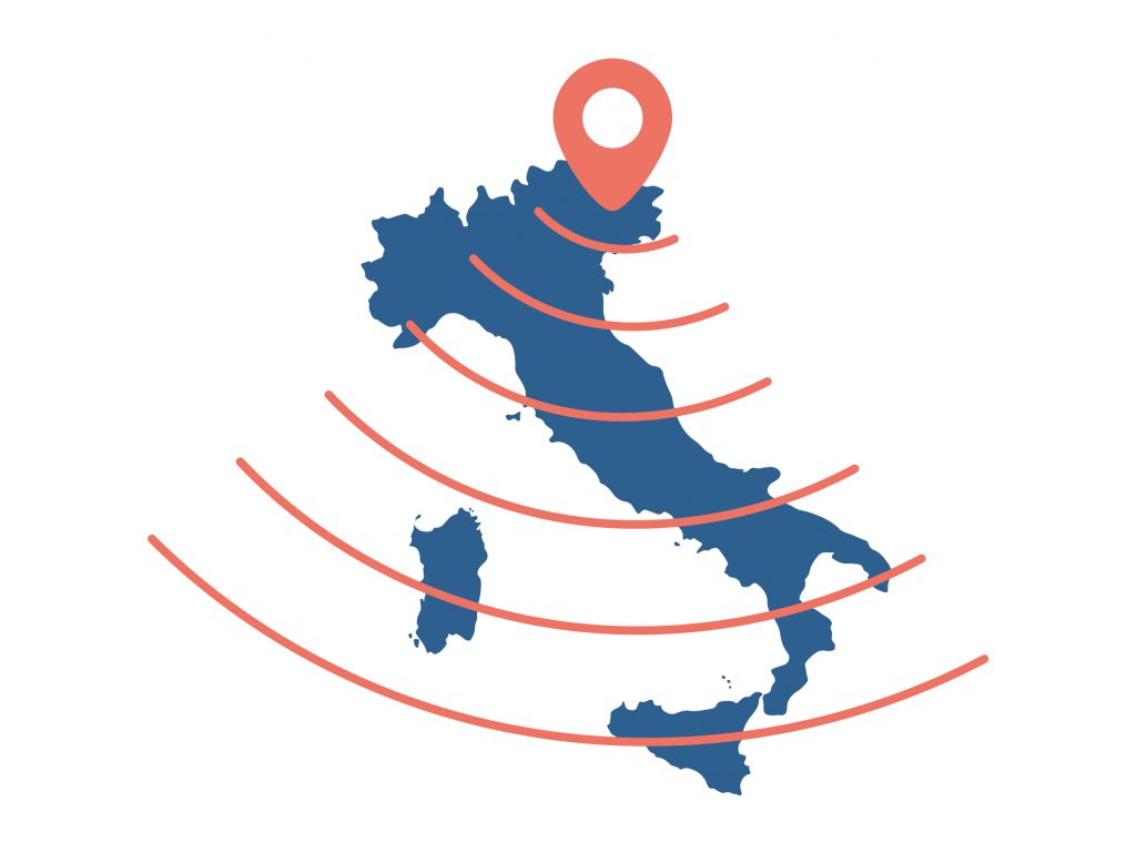 INFOGRAFICA_GEOLOCALIZZAZIONE - Corpo Vigili Notturni infografica blu dell'Italia con geolocalizzazione sul Friuli Venezia Giulia