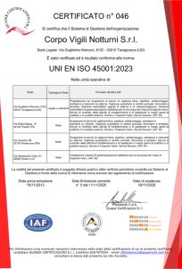 CERTIFICATO UNI EN ISO 45001 Corpo Vigili Notturni Udine