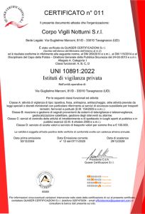 certificato UNI 10891 Corpo Vigili Notturni Udine